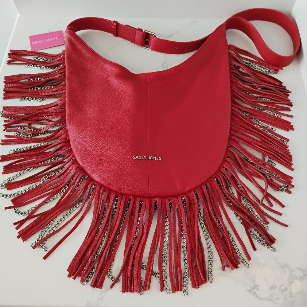 NWT Sassy Jones Leather Bag - Red Dina Pebbled Leather Fringe Crossbody Hobo